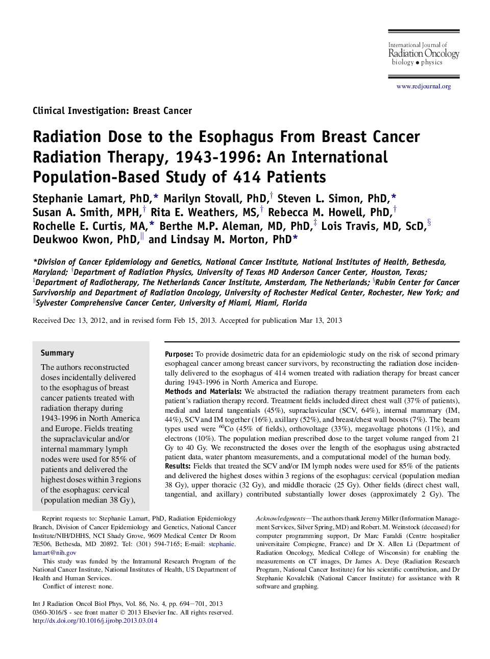 دوز تابشی به سرطان از رادیوتراپی سرطان پستان، سالهای 1943 تا 1996: مطالعه مبتنی بر جمعیت 414 بیمار 