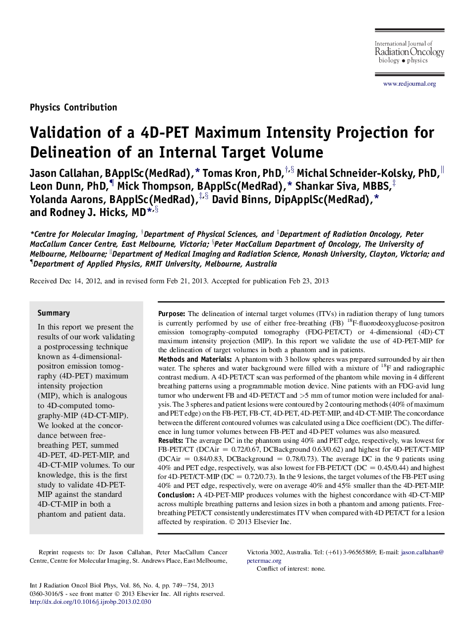 عکس صفحه اول مقاله: Validation of a 4D-PET Maximum Intensity Projection for Delineation of an Internal Target Volume Validation of a 4D-PET Maximum Intensity Projection for Delineation of an Internal Target Volume