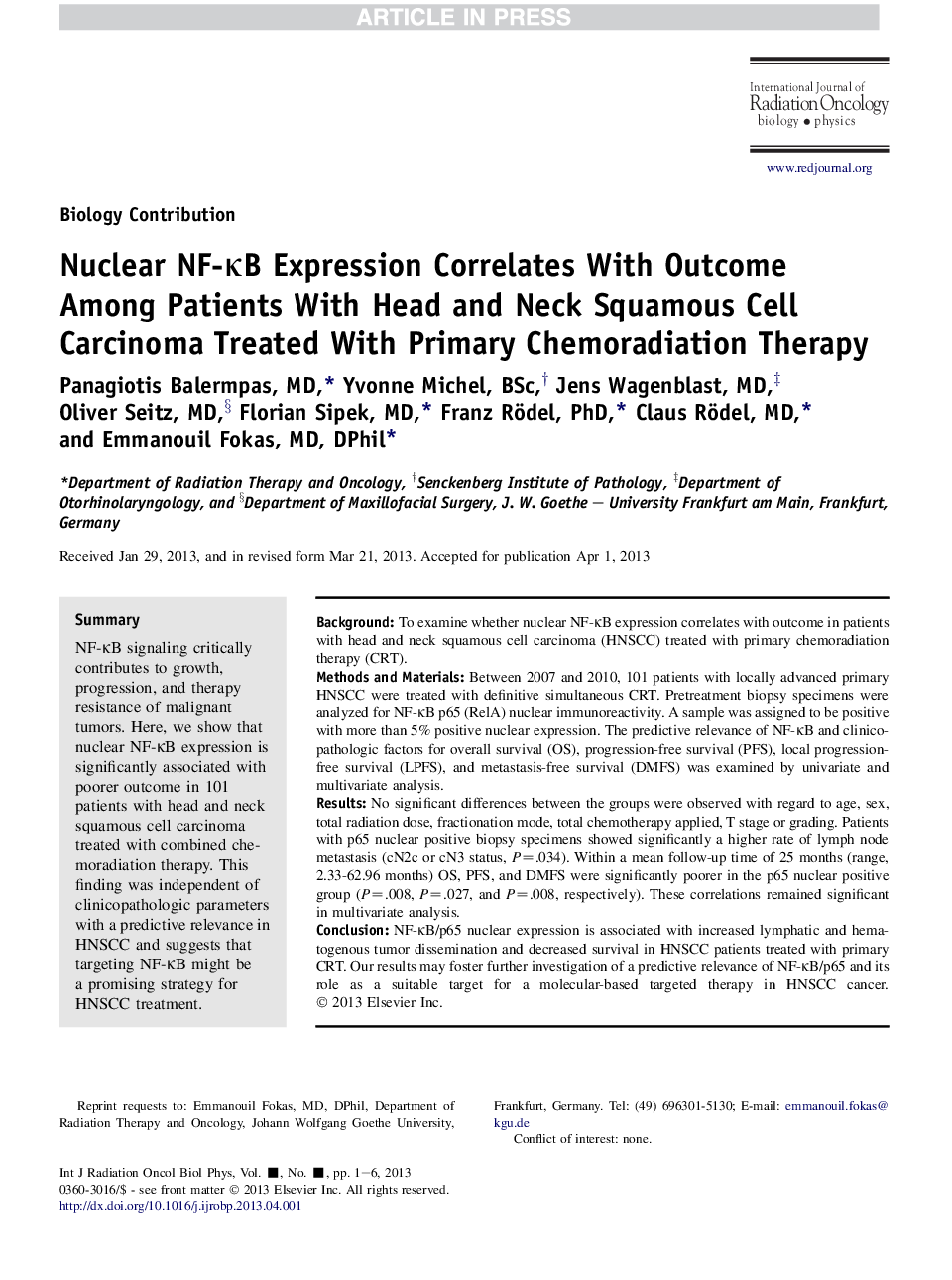 عکس صفحه اول مقاله: Nuclear NF-κB Expression Correlates With Outcome Among Patients With Head and Neck Squamous Cell Carcinoma Treated With Primary Chemoradiation Therapy Nuclear NF-κB Expression Correlates With Outcome Among Patients With Head and Neck Squamous Cell Carcinoma Treated With Primary Chemoradiation Therapy
