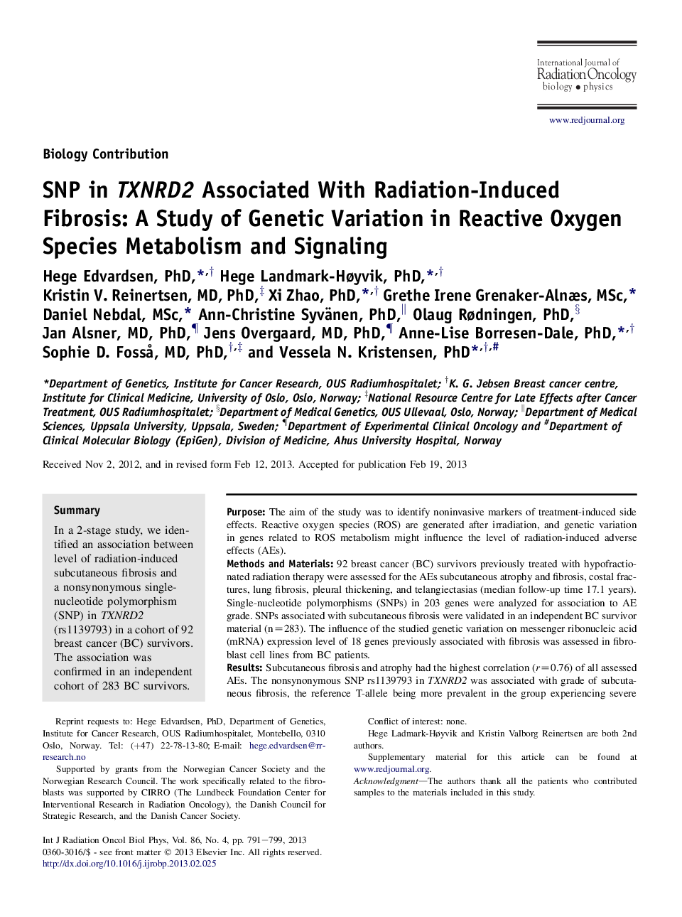 عکس صفحه اول مقاله: SNP in TXNRD2 Associated With Radiation-Induced Fibrosis: A Study of Genetic Variation in Reactive Oxygen Species Metabolism and Signaling SNP in TXNRD2 Associated With Radiation-Induced Fibrosis: A Study of Genetic Variation in Reactive Oxygen Species Metabolism and Signaling