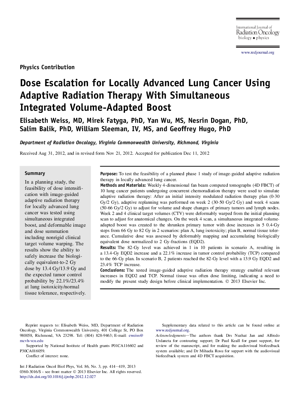Dose Escalation for Locally Advanced Lung Cancer Using Adaptive Radiation Therapy With Simultaneous Integrated Volume-Adapted Boost