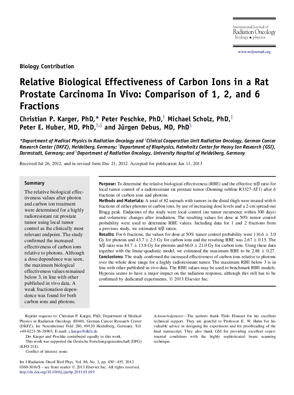 Relative Biological Effectiveness of Carbon Ions in a Rat Prostate Carcinoma In Vivo: Comparison of 1, 2, and 6 Fractions