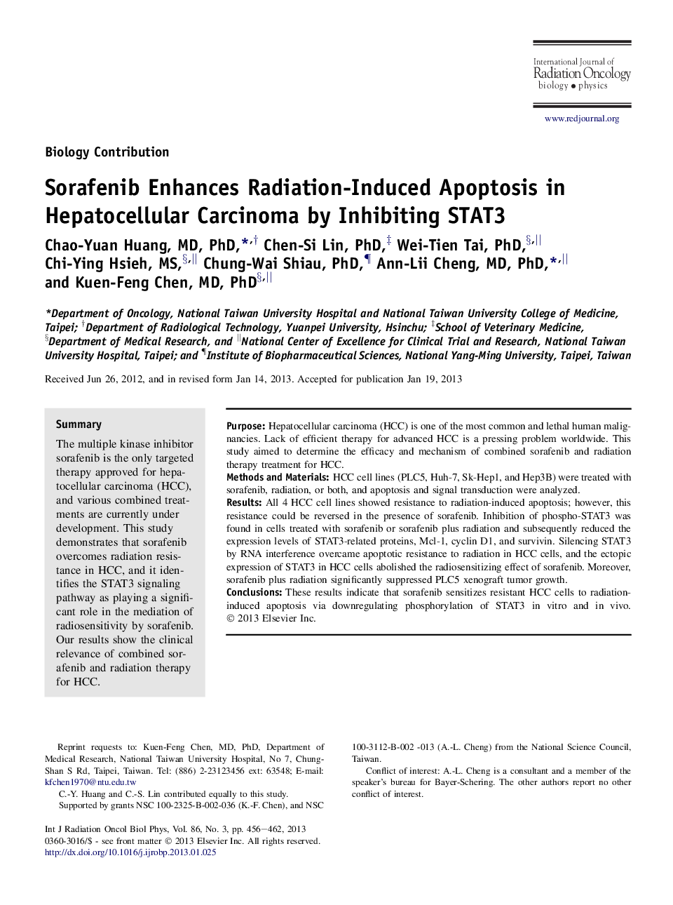 Sorafenib Enhances Radiation-Induced Apoptosis in Hepatocellular Carcinoma by Inhibiting STAT3
