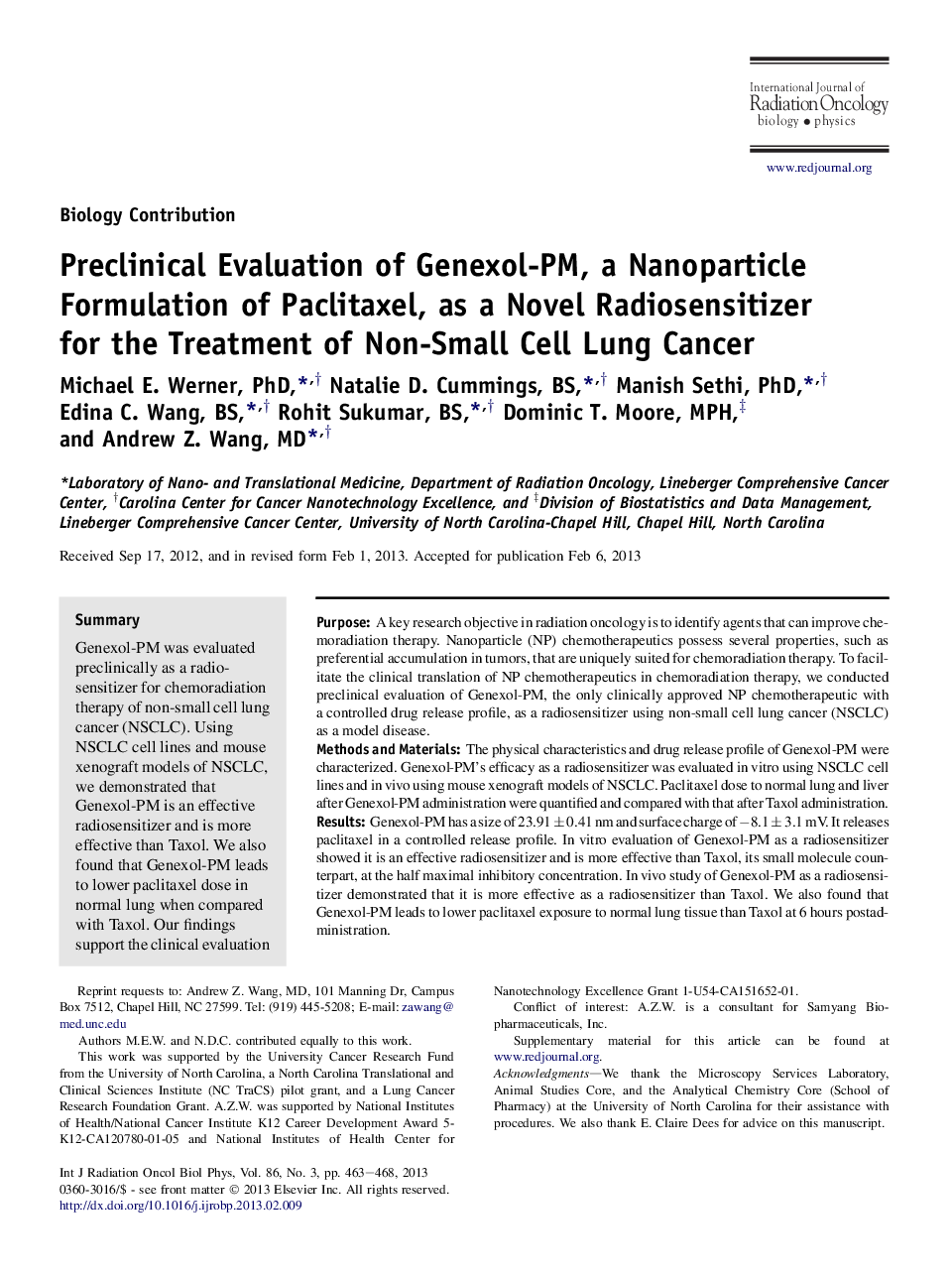 عکس صفحه اول مقاله: Preclinical Evaluation of Genexol-PM, a Nanoparticle Formulation of Paclitaxel, as a Novel Radiosensitizer for the Treatment of Non-Small Cell Lung Cancer Preclinical Evaluation of Genexol-PM, a Nanoparticle Formulation of Paclitaxel, as a Novel Radiosensitizer for the Treatment of Non-Small Cell Lung Cancer