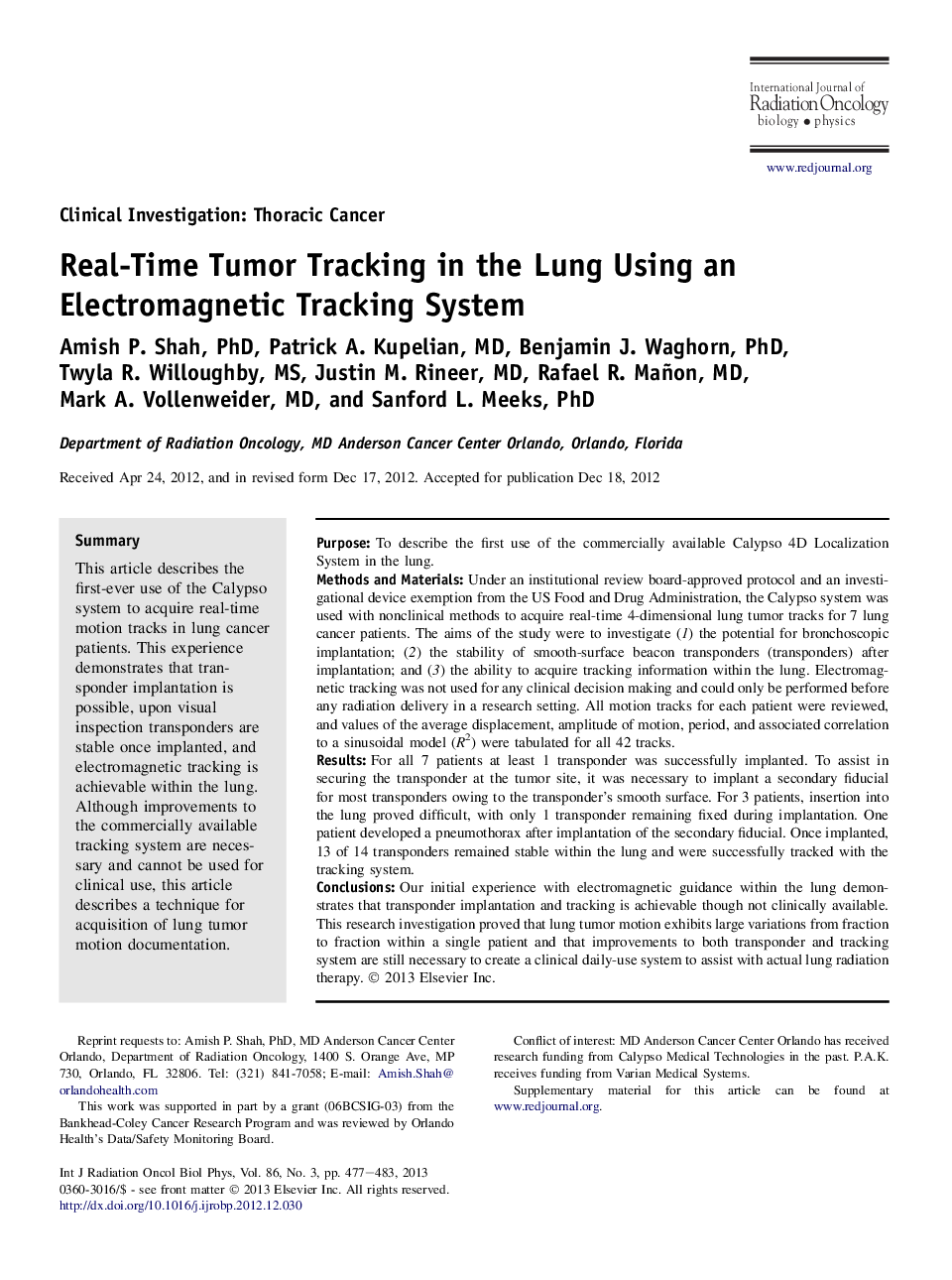 Real-Time Tumor Tracking in the Lung Using an Electromagnetic Tracking System