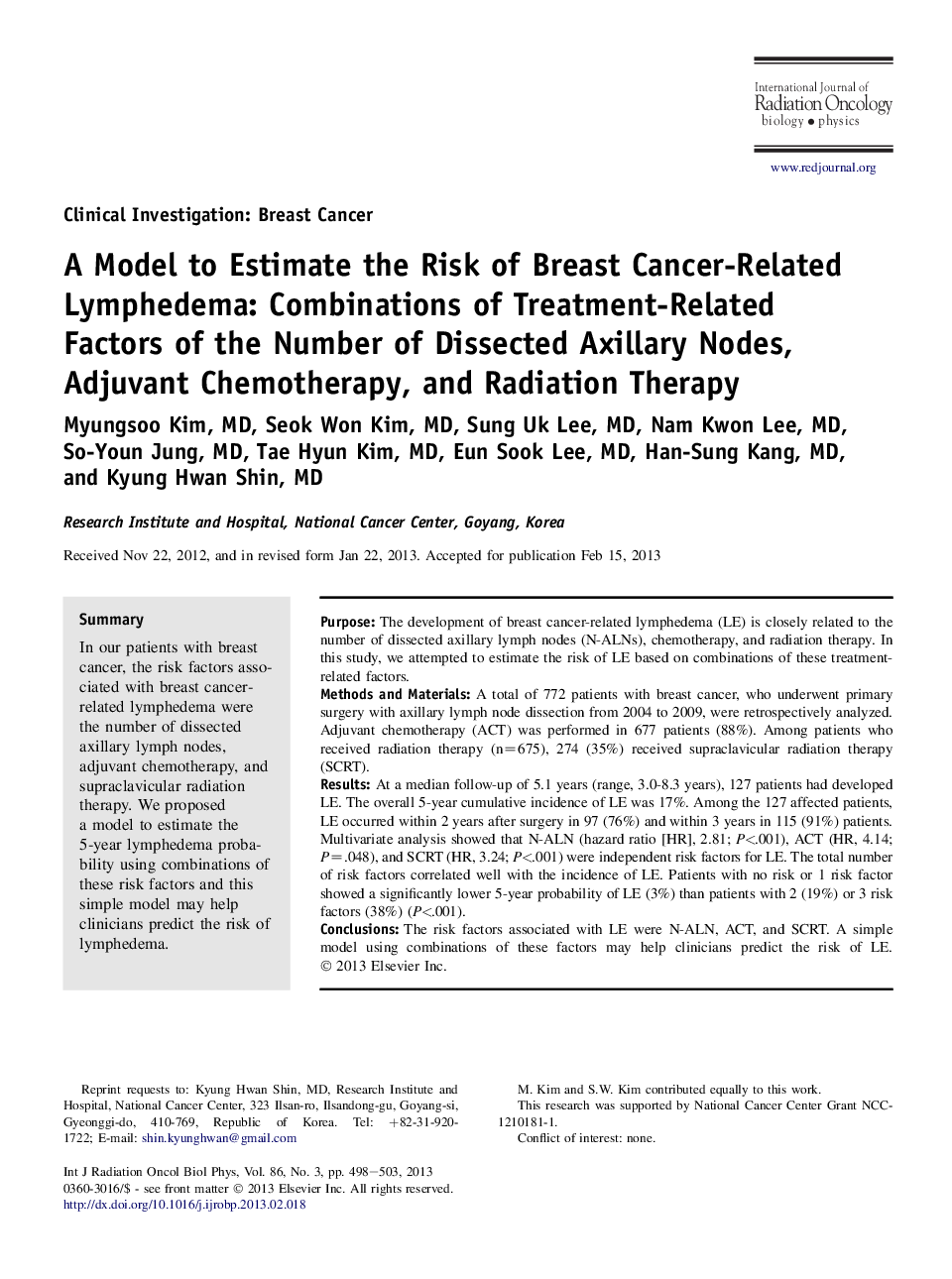 یک مدل برای ارزیابی خطر لنفدوم مرتبط با سرطان پستان: ترکیبی از عوامل مرتبط با درمان تعداد گره های آسیب دیده، شیمی درمانی، جراحی رادیواکتیو 