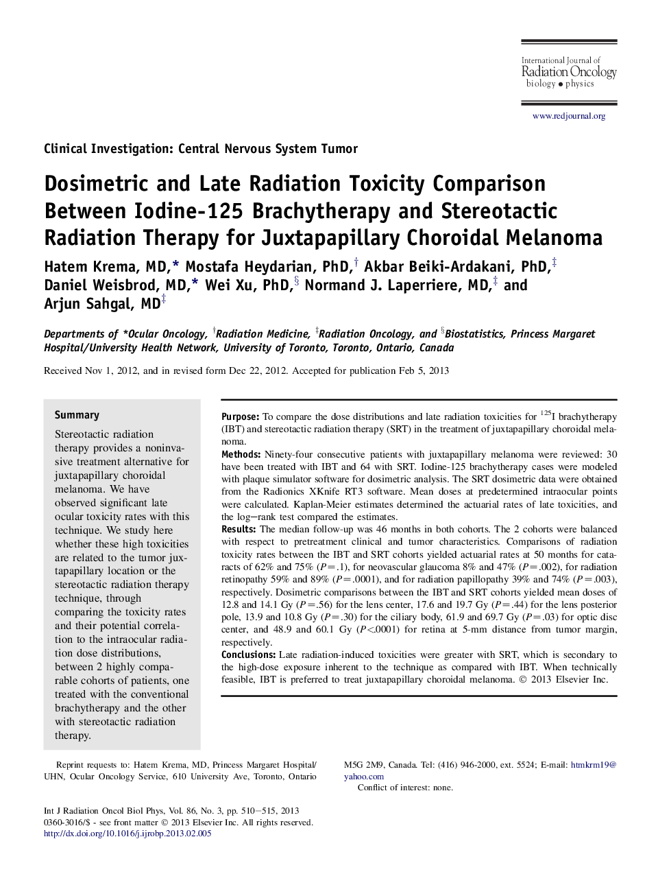 Dosimetric and Late Radiation Toxicity Comparison Between Iodine-125 Brachytherapy and Stereotactic Radiation Therapy for Juxtapapillary Choroidal Melanoma
