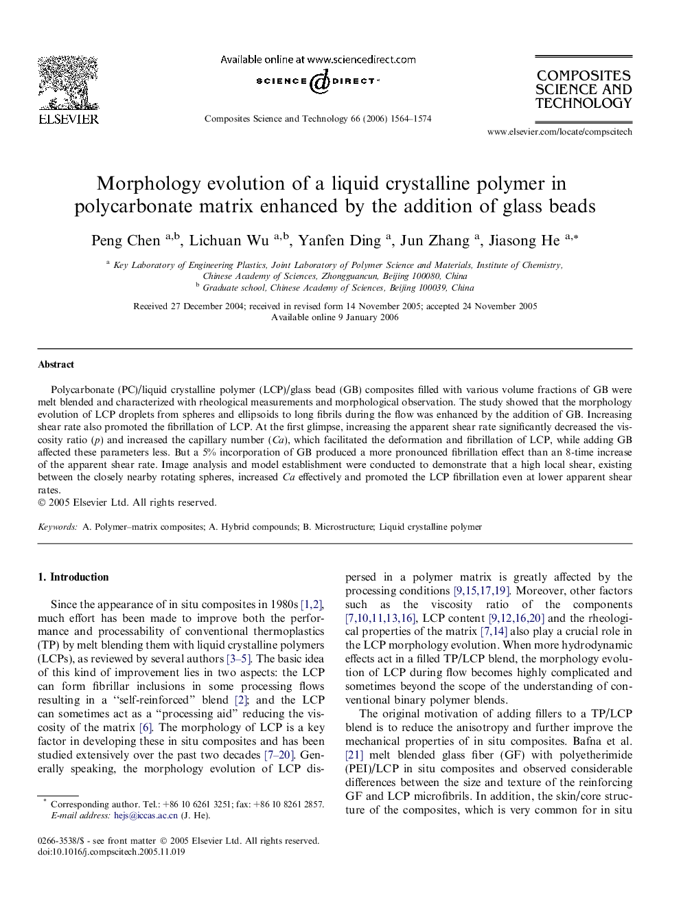 Morphology evolution of a liquid crystalline polymer in polycarbonate matrix enhanced by the addition of glass beads