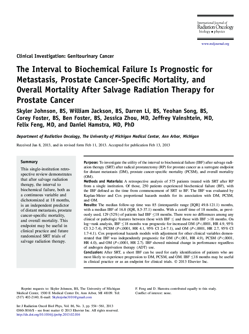 The Interval to Biochemical Failure Is Prognostic for Metastasis, Prostate Cancer-Specific Mortality, and Overall Mortality After Salvage Radiation Therapy for Prostate Cancer