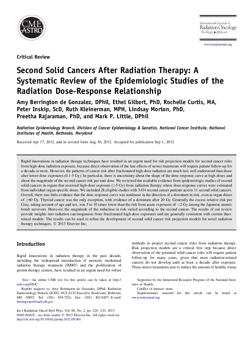 Second Solid Cancers After Radiation Therapy: A Systematic Review of the Epidemiologic Studies of the Radiation Dose-Response Relationship