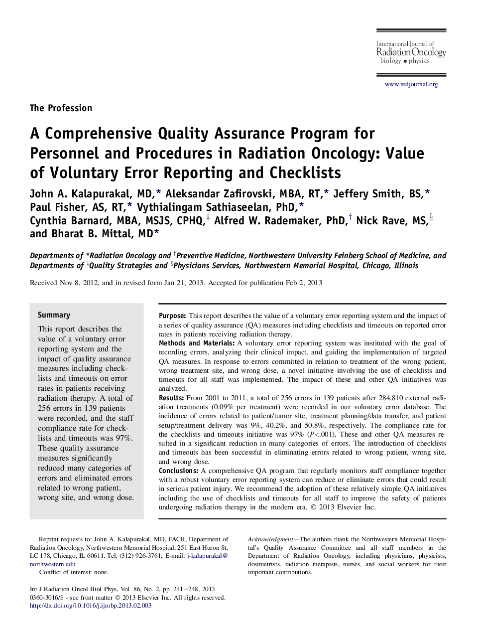 A Comprehensive Quality Assurance Program for Personnel and Procedures in Radiation Oncology: Value ofÂ Voluntary Error Reporting and Checklists