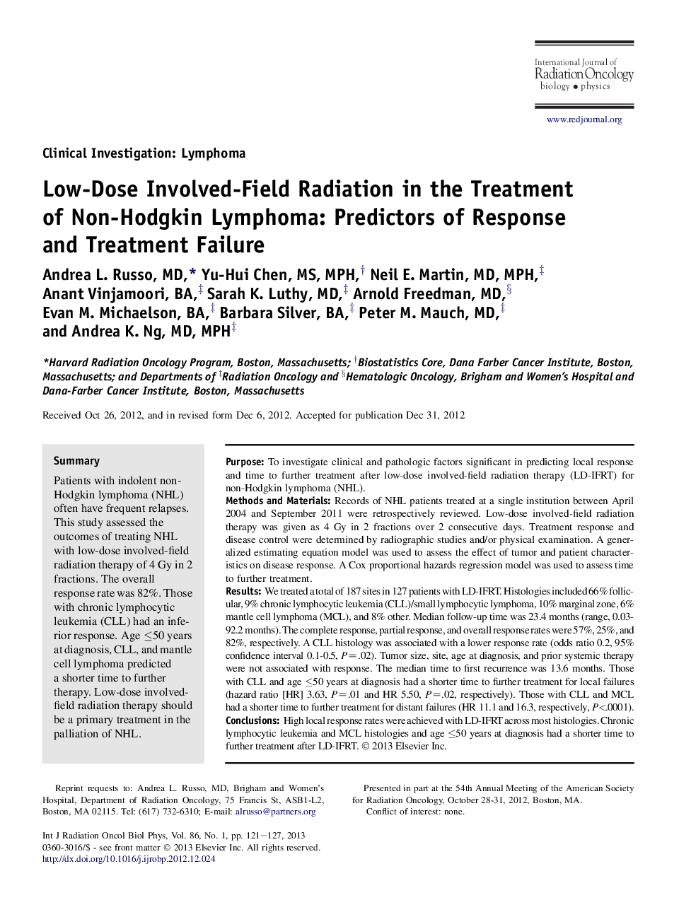 Low-Dose Involved-Field Radiation in the Treatment of Non-Hodgkin Lymphoma: Predictors of Response and Treatment Failure