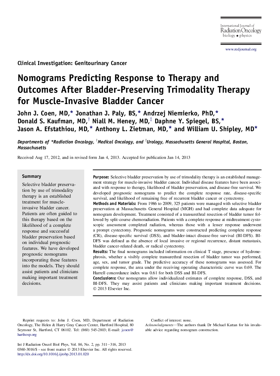 Nomograms Predicting Response to Therapy and Outcomes After Bladder-Preserving Trimodality Therapy for Muscle-Invasive Bladder Cancer