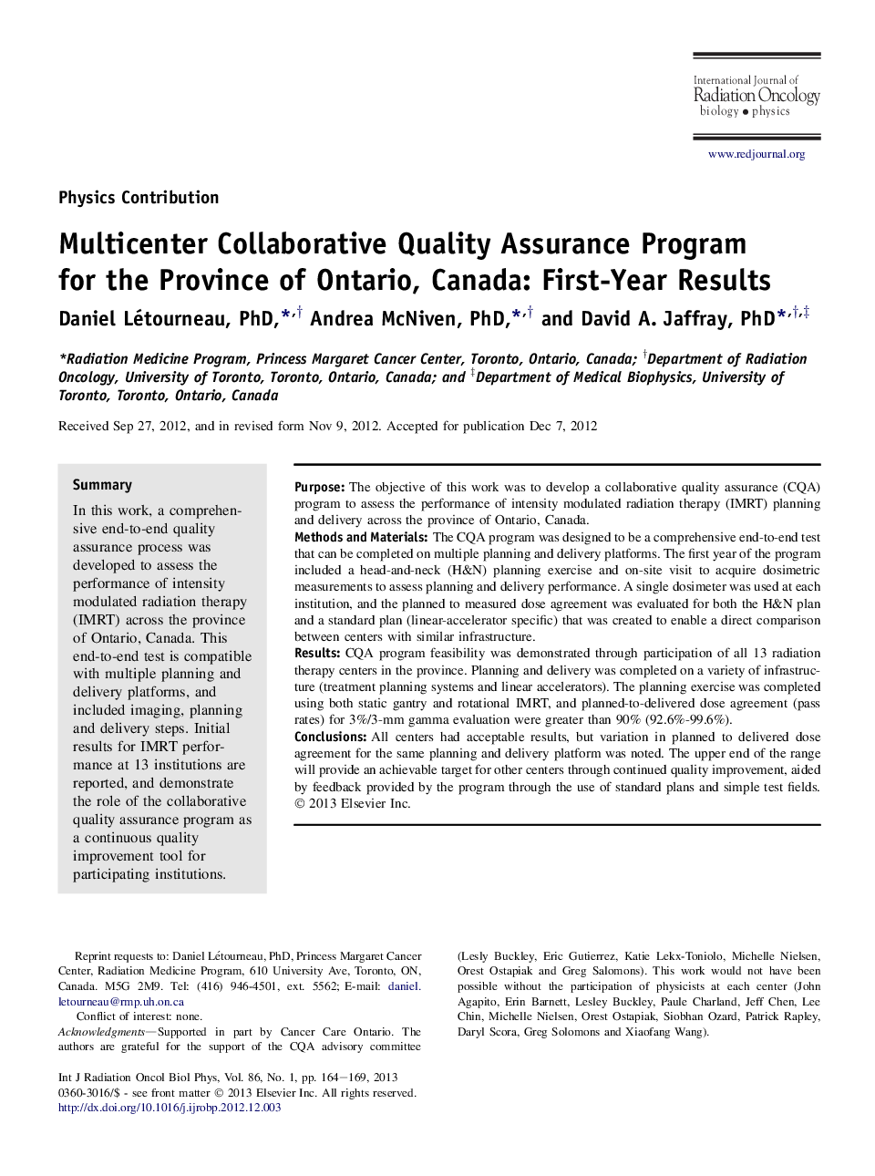 Multicenter Collaborative Quality Assurance Program for the Province of Ontario, Canada: First-Year Results