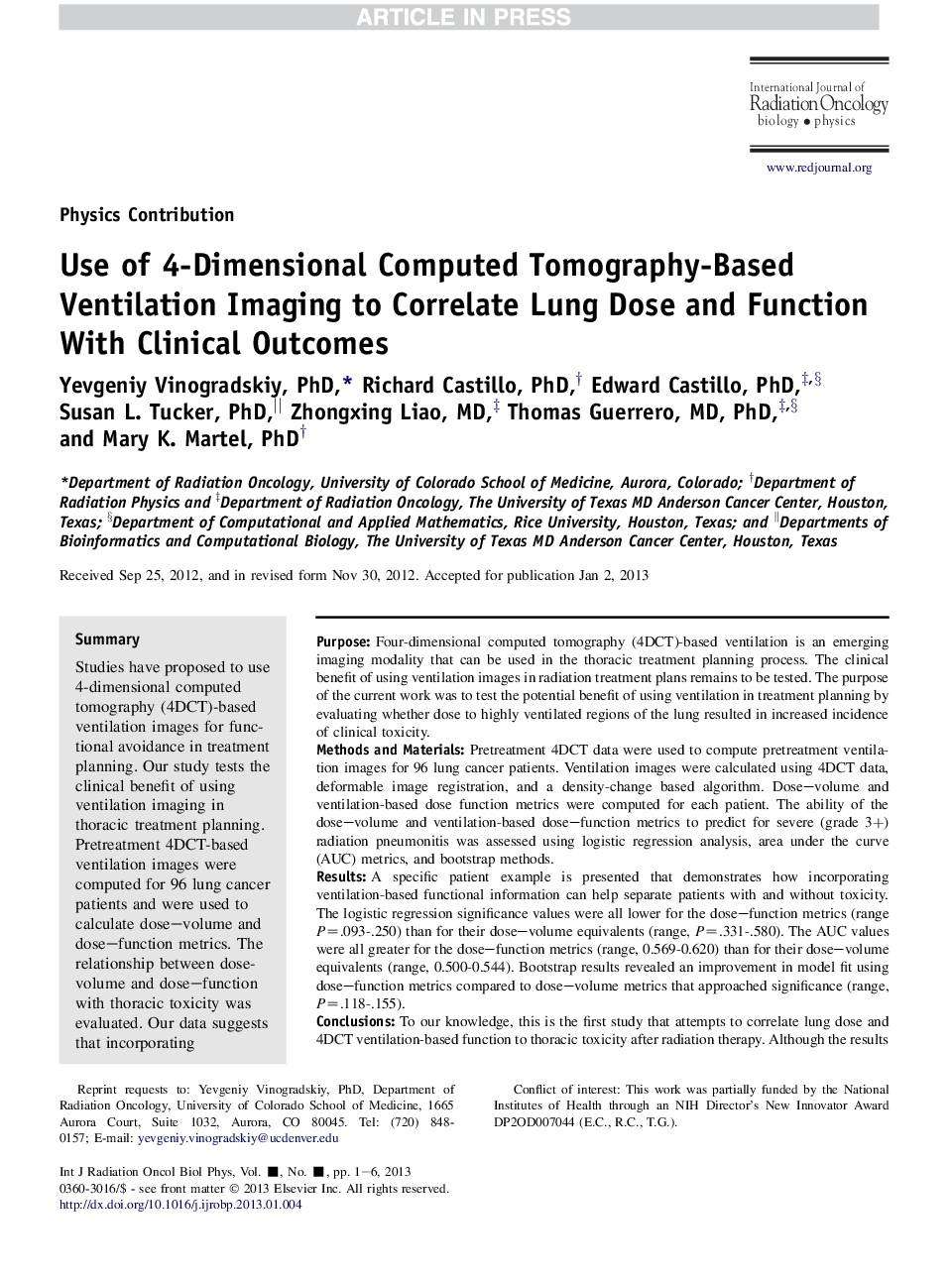 Use of 4-Dimensional Computed Tomography-Based Ventilation Imaging to Correlate Lung Dose and Function With Clinical Outcomes