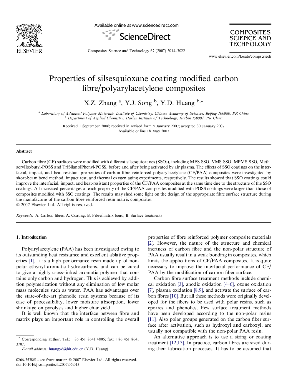 Properties of silsesquioxane coating modified carbon fibre/polyarylacetylene composites