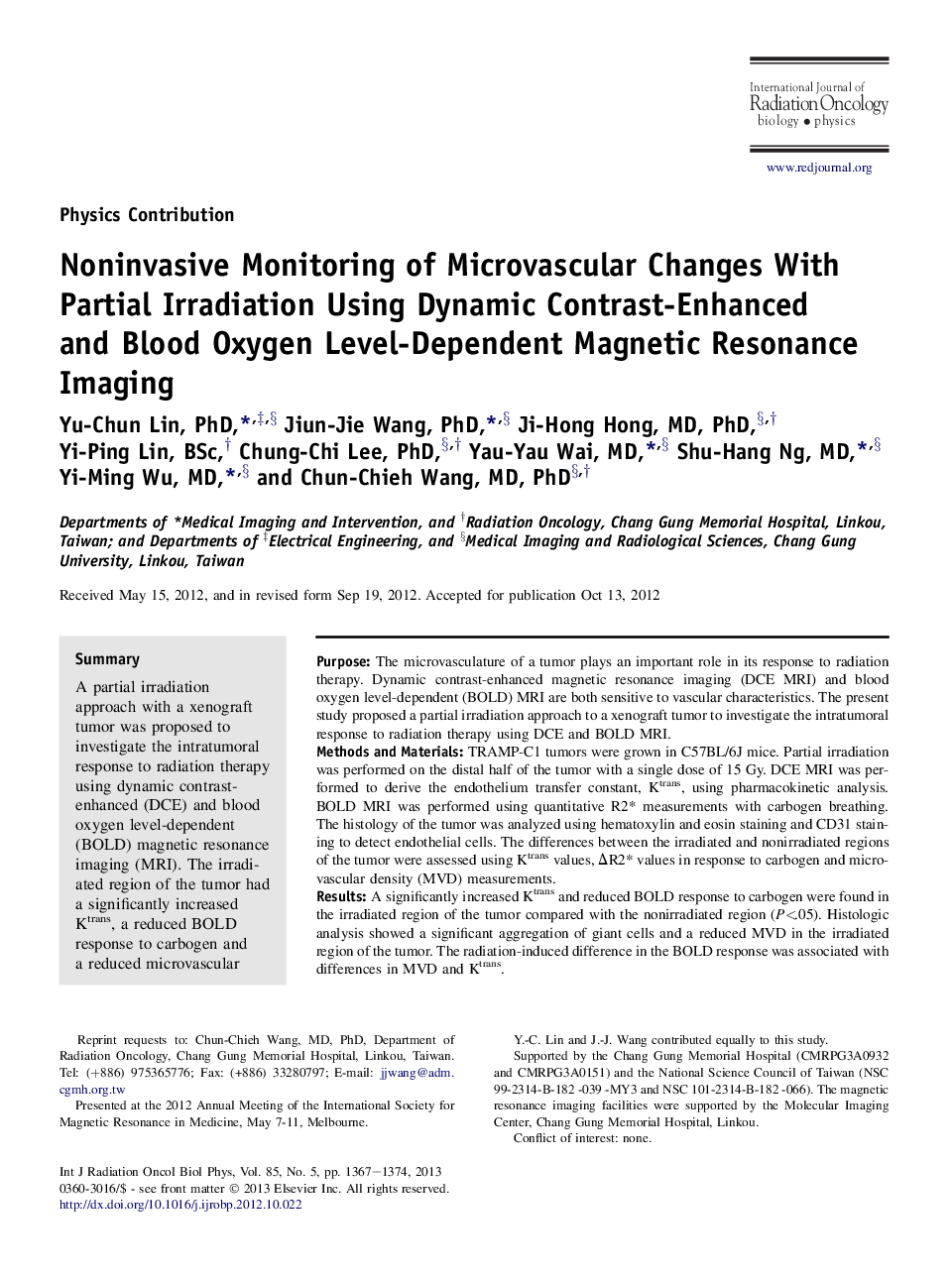 Noninvasive Monitoring of Microvascular Changes With Partial Irradiation Using Dynamic Contrast-Enhanced and Blood Oxygen Level-Dependent Magnetic Resonance Imaging