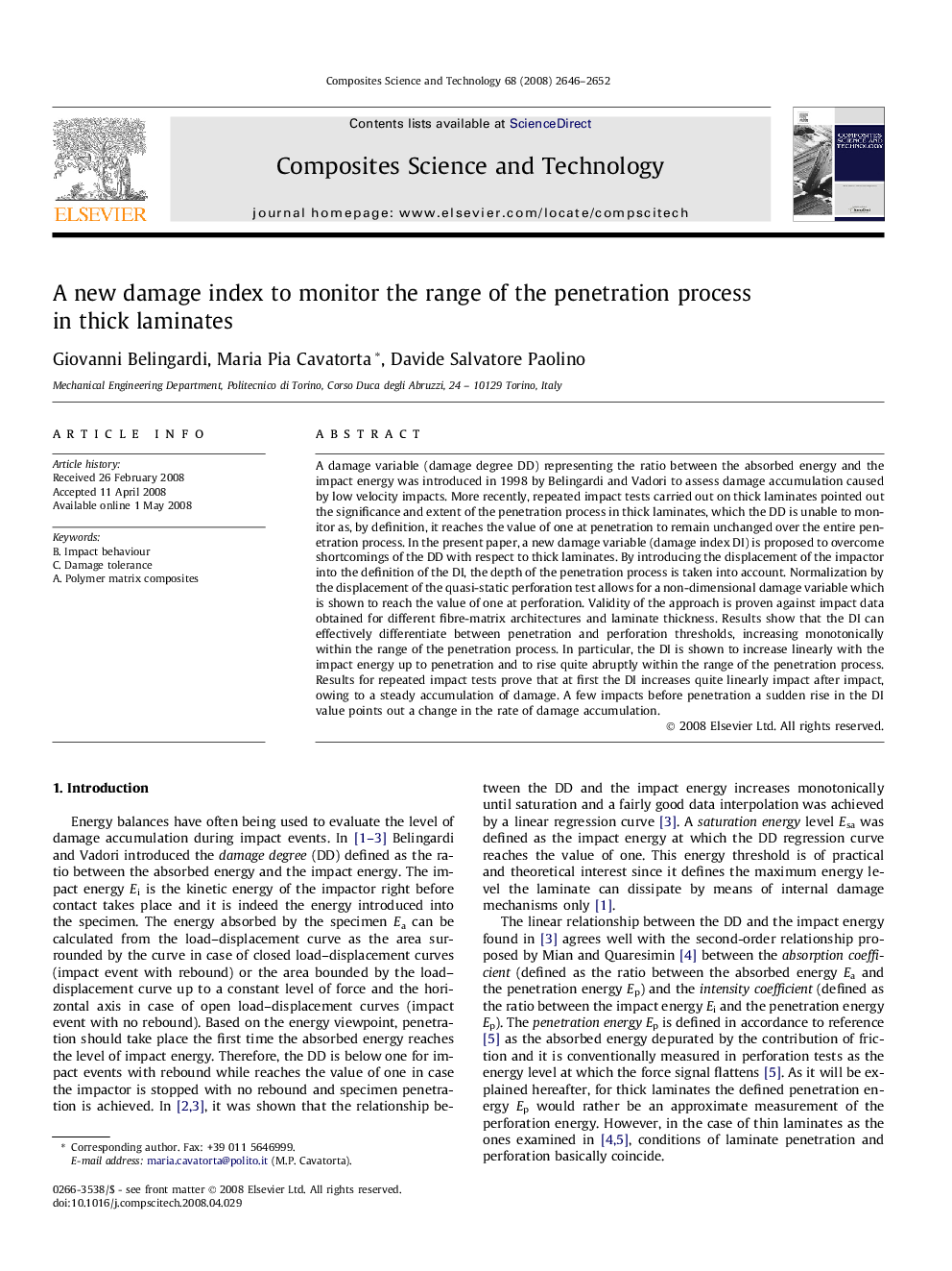 A new damage index to monitor the range of the penetration process in thick laminates