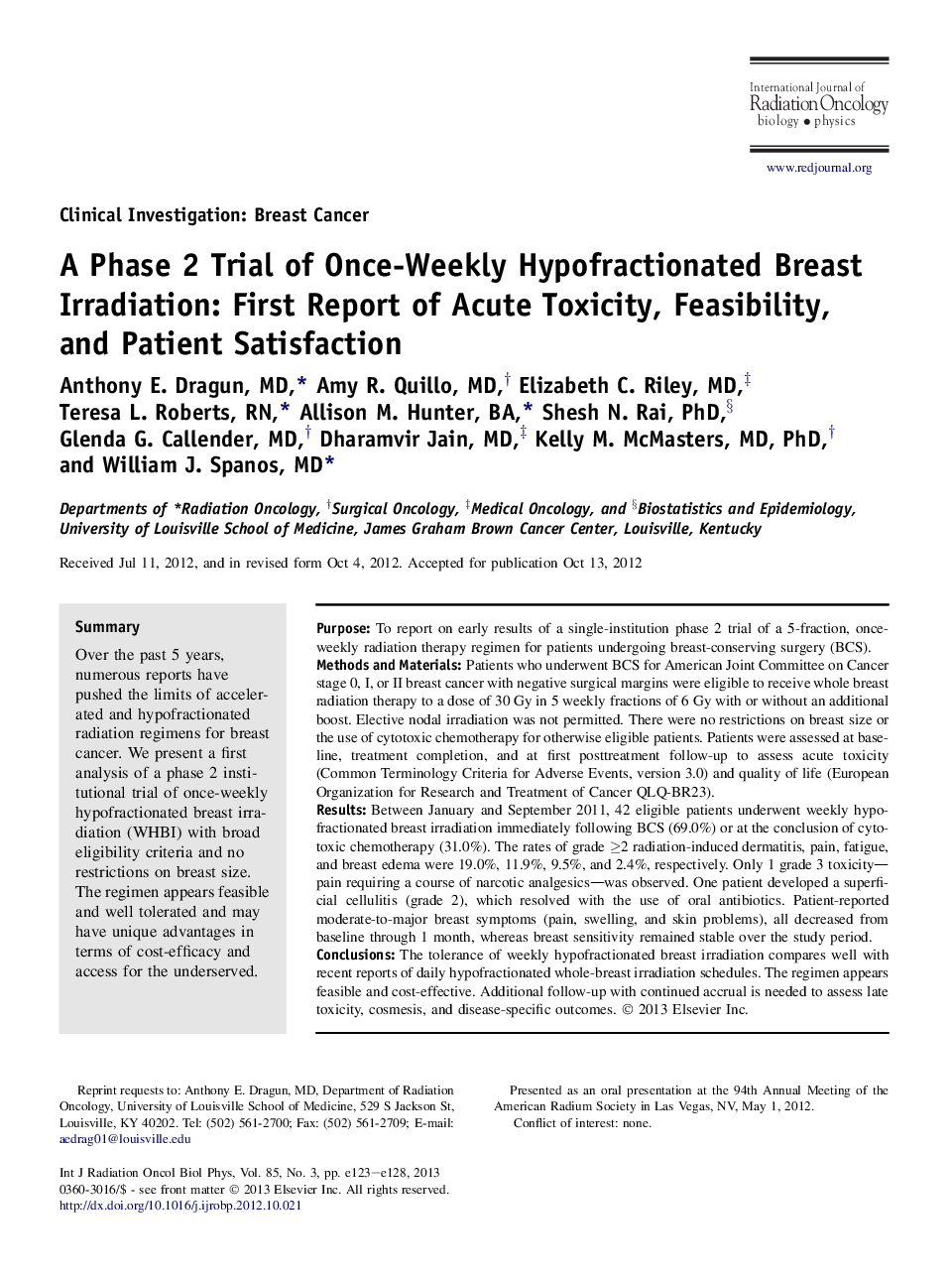 A Phase 2 Trial of Once-Weekly Hypofractionated Breast Irradiation: First Report of Acute Toxicity, Feasibility, and Patient Satisfaction