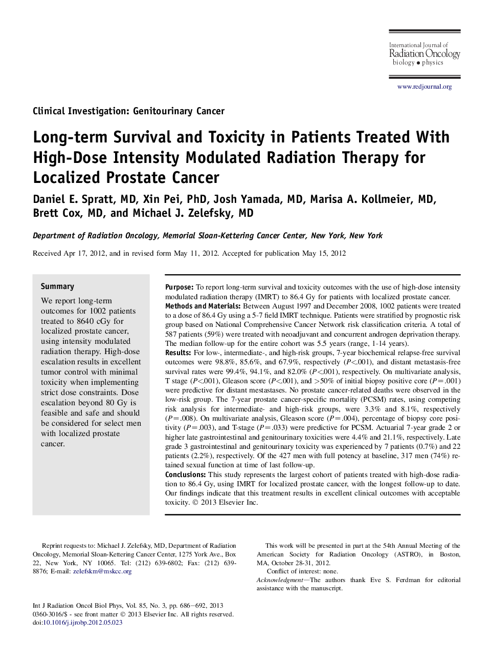 Long-term Survival and Toxicity in Patients Treated With High-Dose Intensity Modulated Radiation Therapy for Localized Prostate Cancer