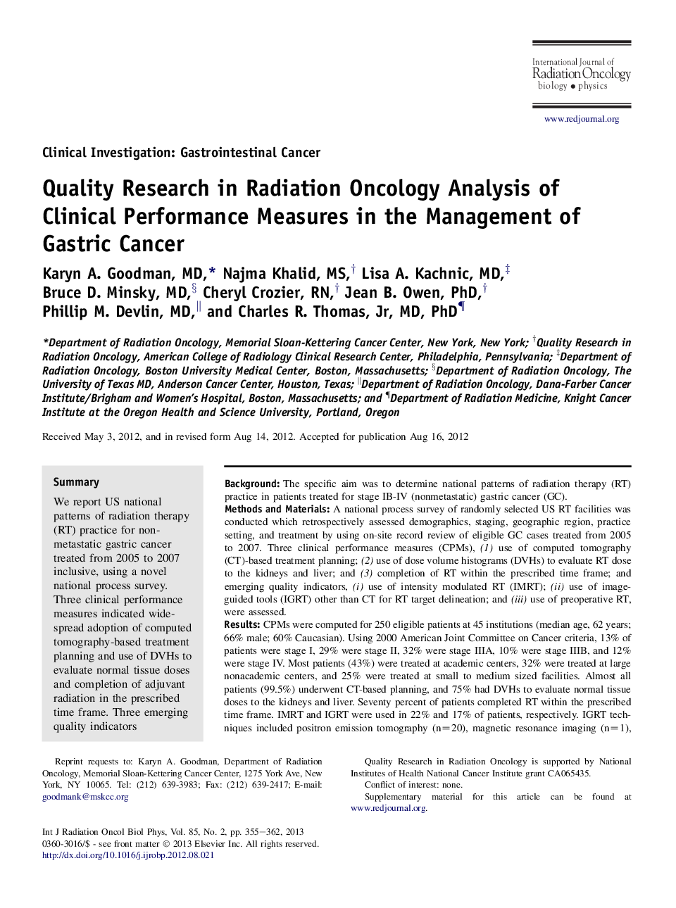 Quality Research in Radiation Oncology Analysis of Clinical Performance Measures in the Management of Gastric Cancer