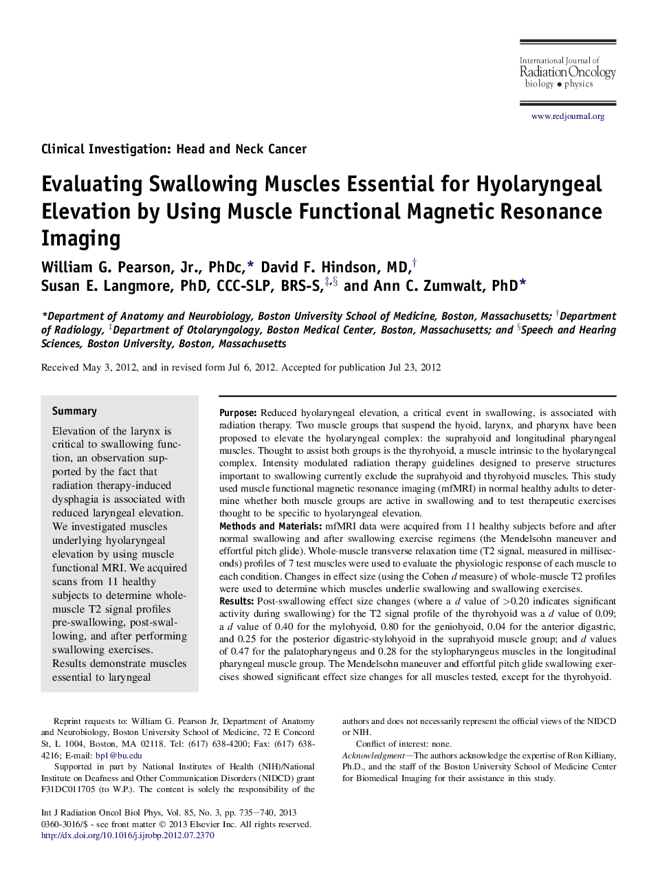 Evaluating Swallowing Muscles Essential for Hyolaryngeal Elevation by Using Muscle Functional Magnetic Resonance Imaging