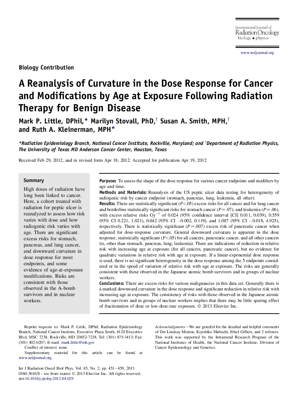 بازنگری انحنای در پاسخ دز برای سرطان و تغییرات توسط سن در معرض پس از درمان رادیوتراپی برای بیماری خوش خیم 