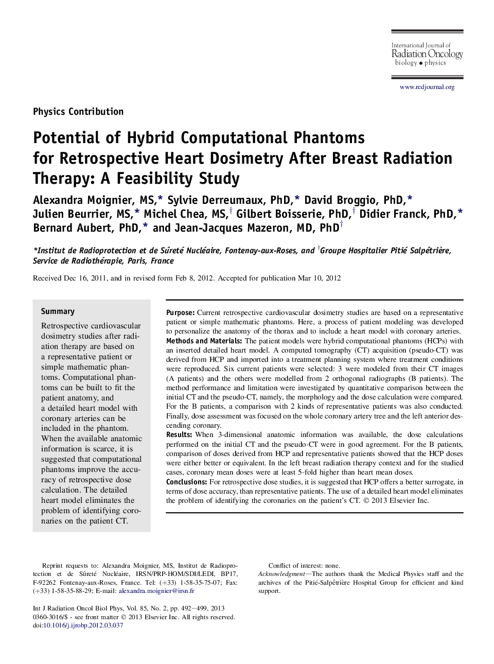 Potential of Hybrid Computational Phantoms for Retrospective Heart Dosimetry After Breast Radiation Therapy: A Feasibility Study