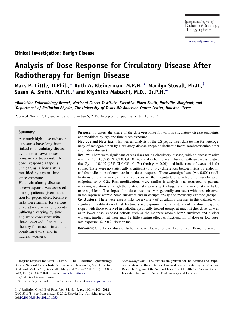 Analysis of Dose Response for Circulatory Disease After Radiotherapy for Benign Disease