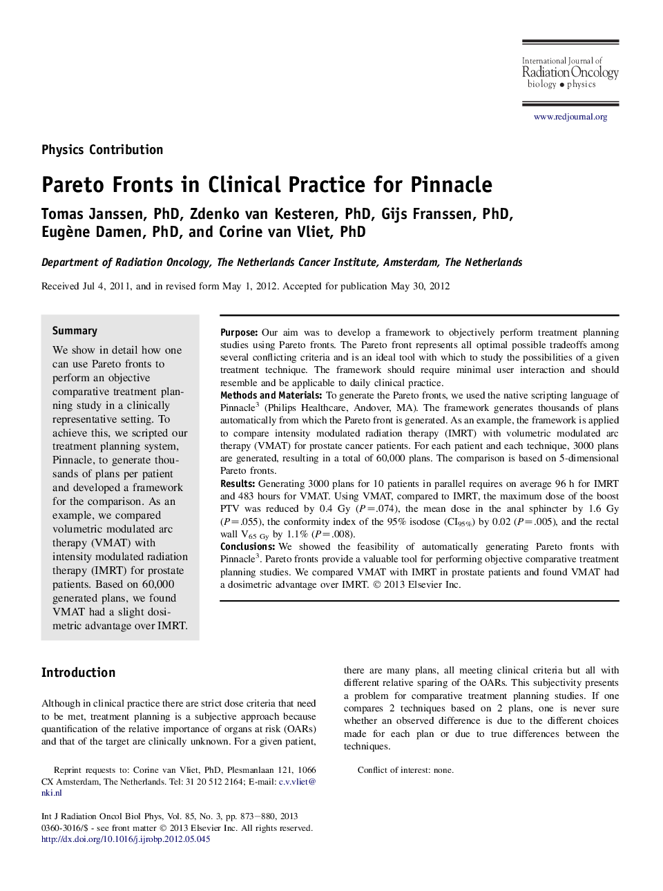 Pareto Fronts in Clinical Practice for Pinnacle