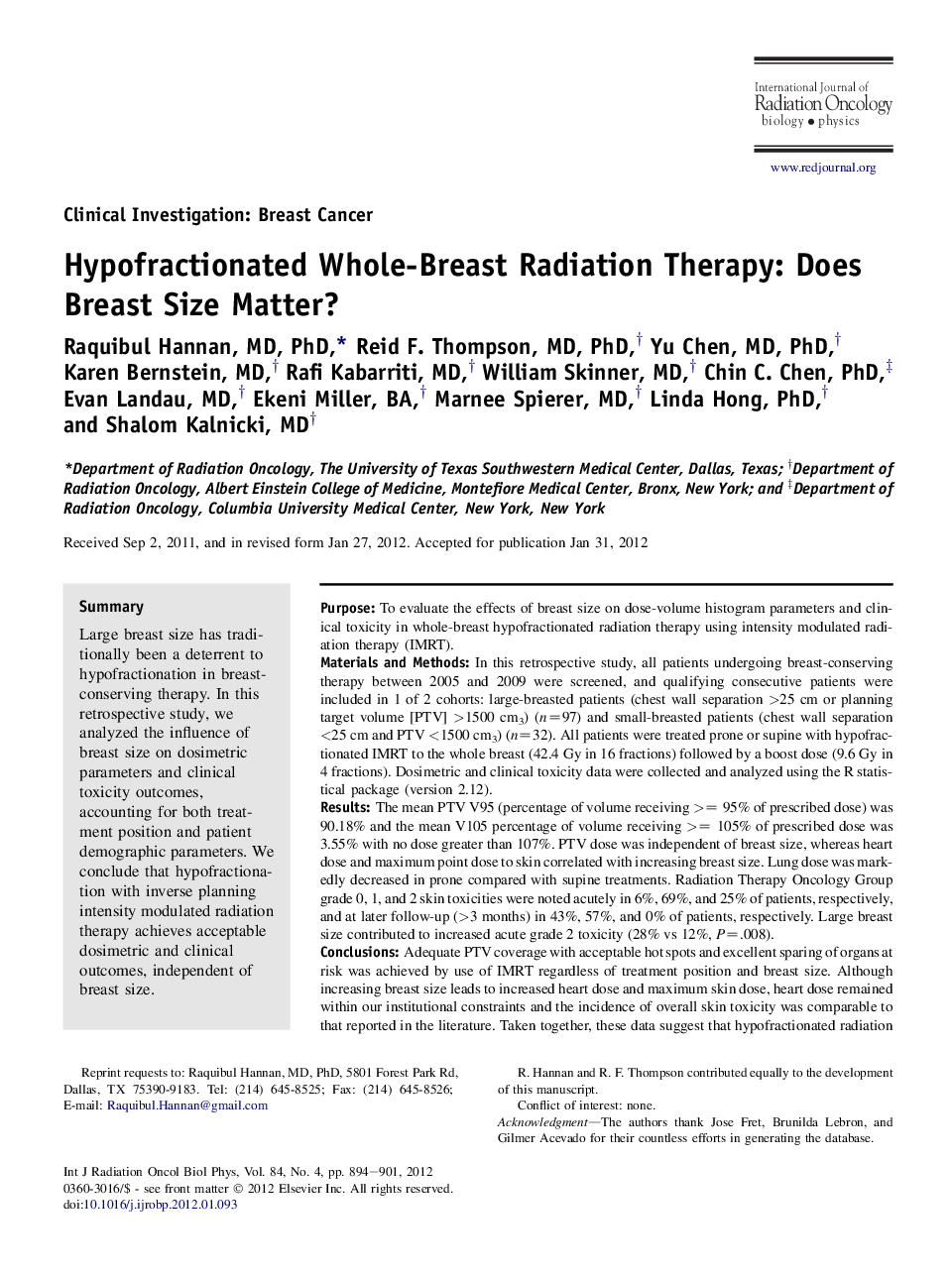 Hypofractionated Whole-Breast Radiation Therapy: Does Breast Size Matter?