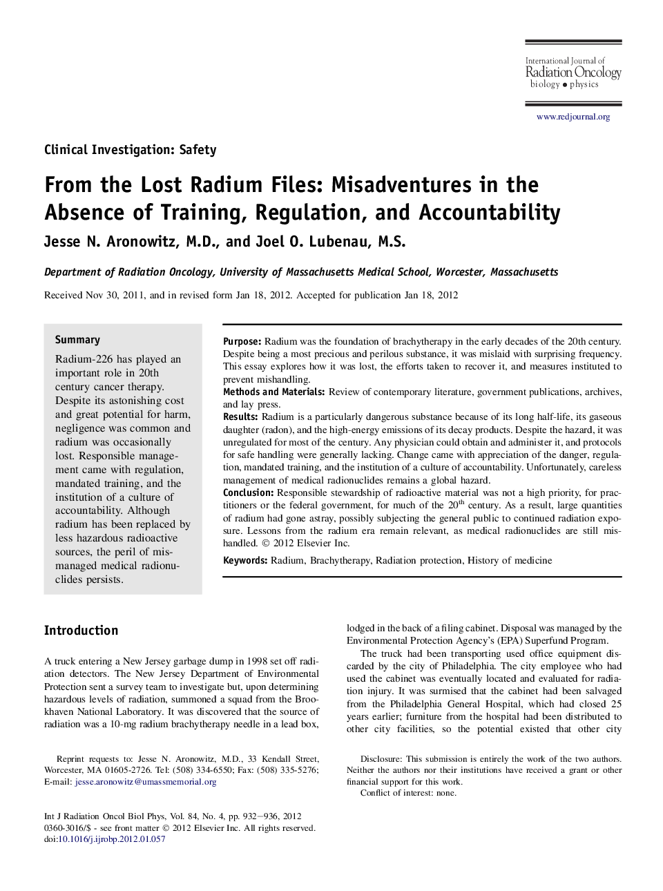 From the Lost Radium Files: Misadventures in the Absence of Training, Regulation, and Accountability