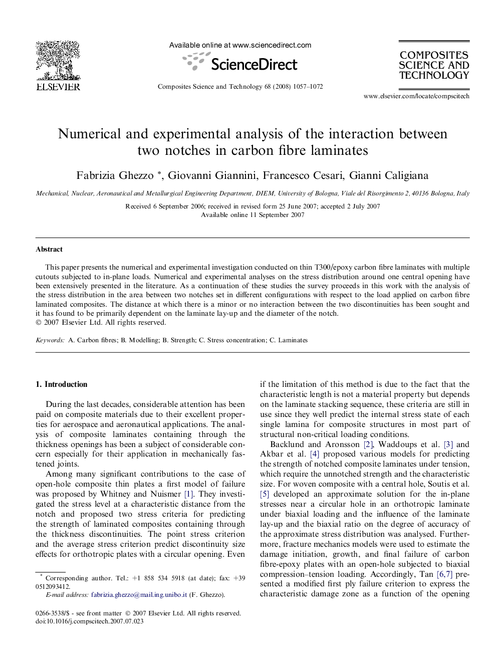 Numerical and experimental analysis of the interaction between two notches in carbon fibre laminates