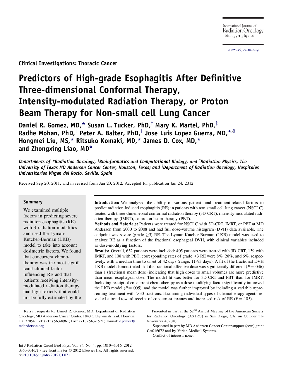 Predictors of High-grade Esophagitis After Definitive Three-dimensional Conformal Therapy, Intensity-modulated Radiation Therapy, or Proton Beam Therapy for Non-small cell Lung Cancer