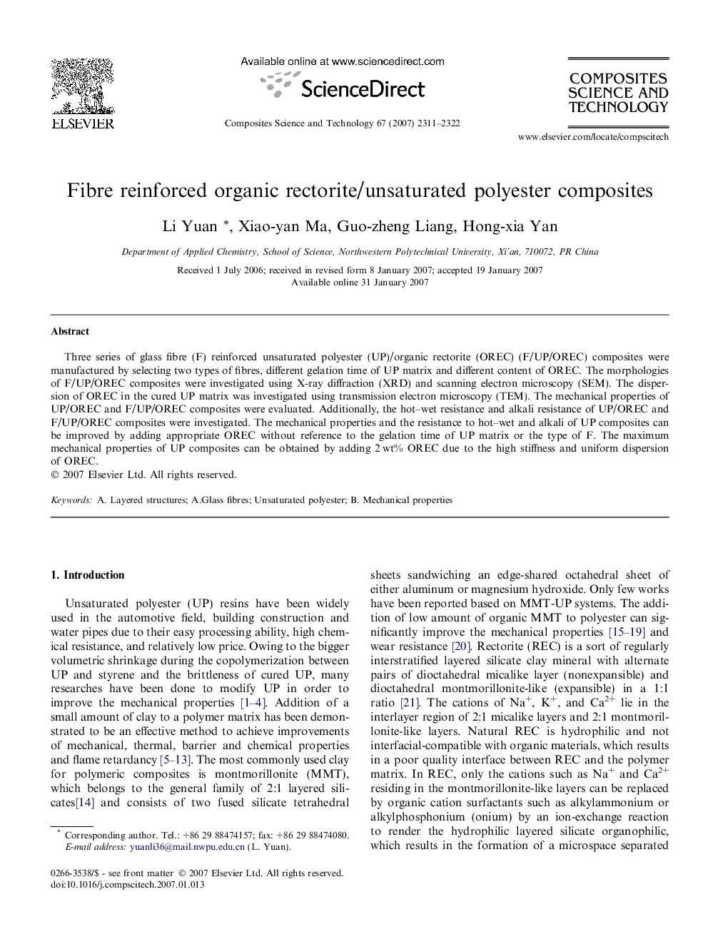 Fibre reinforced organic rectorite/unsaturated polyester composites