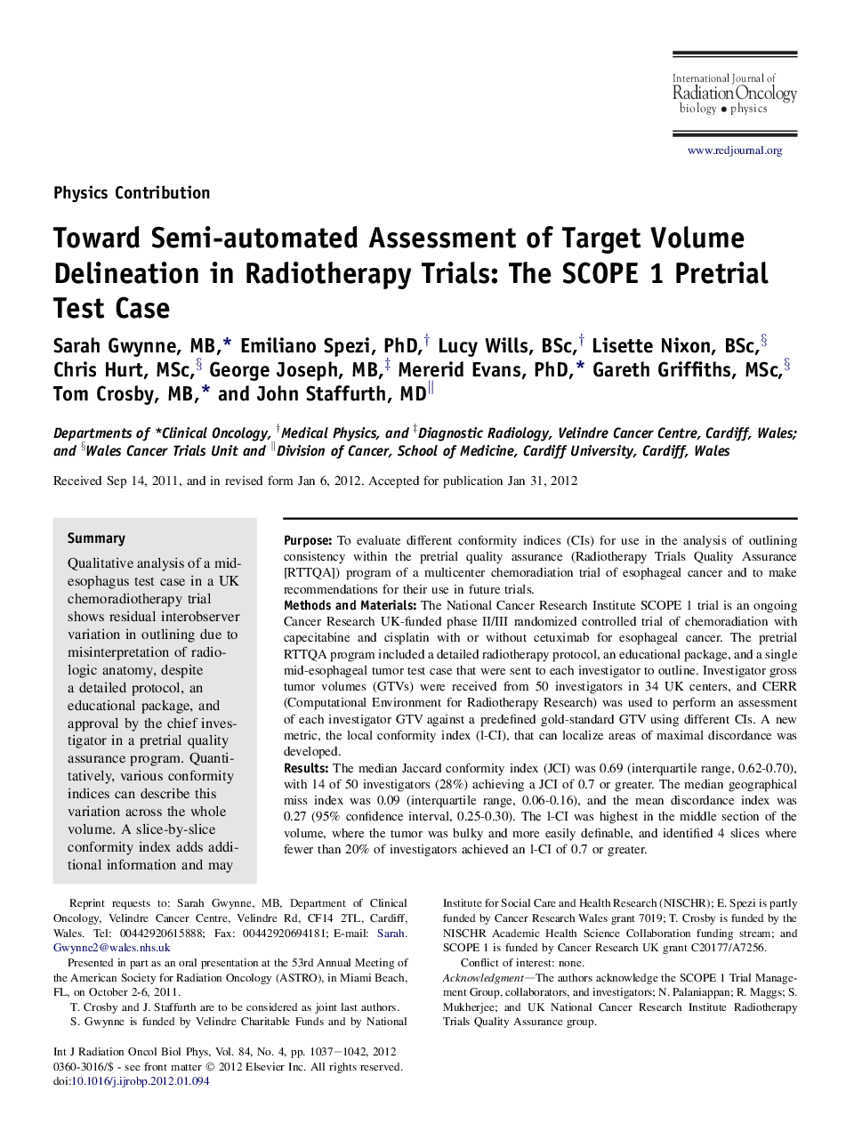 Toward Semi-automated Assessment of Target Volume Delineation in Radiotherapy Trials: The SCOPE 1 Pretrial Test Case