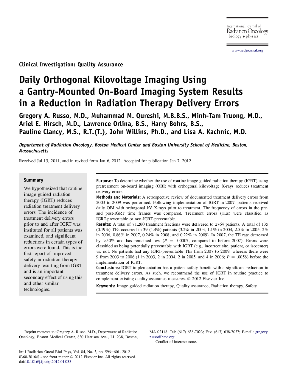 Daily Orthogonal Kilovoltage Imaging Using a Gantry-Mounted On-Board Imaging System Results in a Reduction in Radiation Therapy Delivery Errors