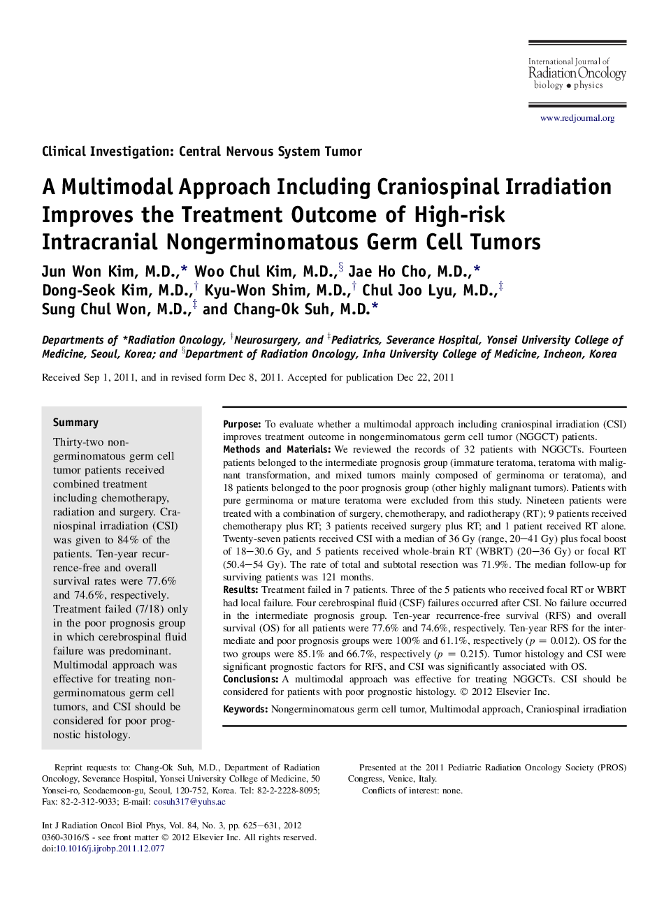 A Multimodal Approach Including Craniospinal Irradiation Improves the Treatment Outcome of High-risk Intracranial Nongerminomatous Germ Cell Tumors