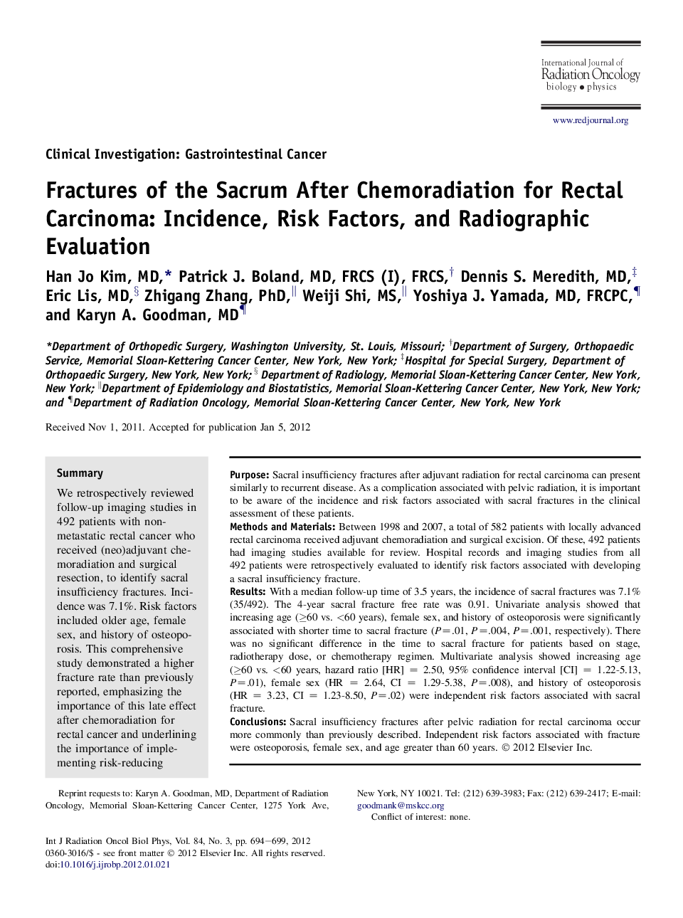 عکس صفحه اول مقاله: Fractures of the Sacrum After Chemoradiation for Rectal Carcinoma: Incidence, Risk Factors, and Radiographic Evaluation Fractures of the Sacrum After Chemoradiation for Rectal Carcinoma: Incidence, Risk Factors, and Radiographic Evaluation