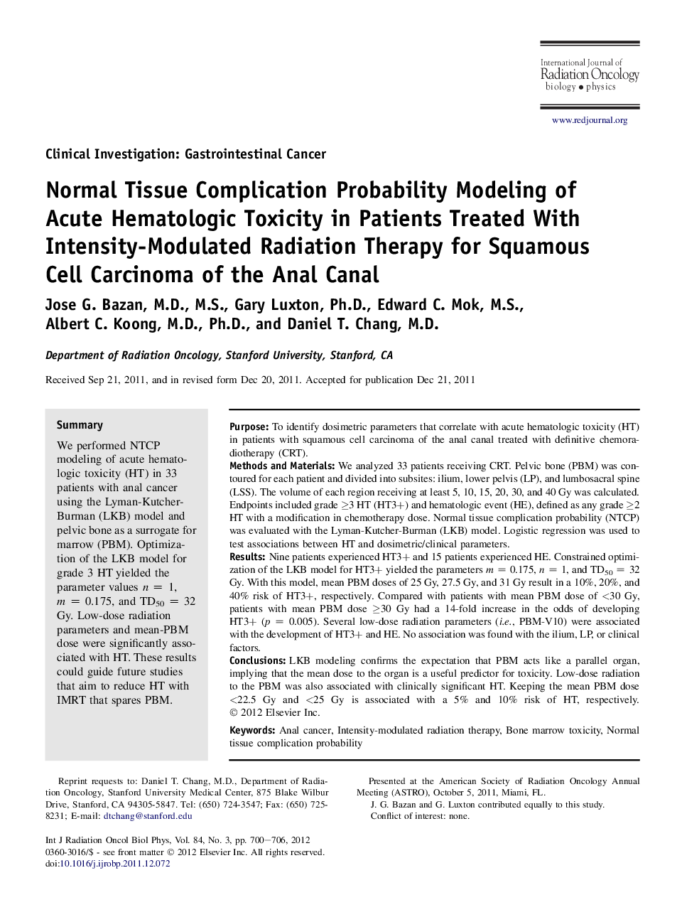 Normal Tissue Complication Probability Modeling of Acute Hematologic Toxicity in Patients Treated With Intensity-Modulated Radiation Therapy for Squamous Cell Carcinoma of the Anal Canal