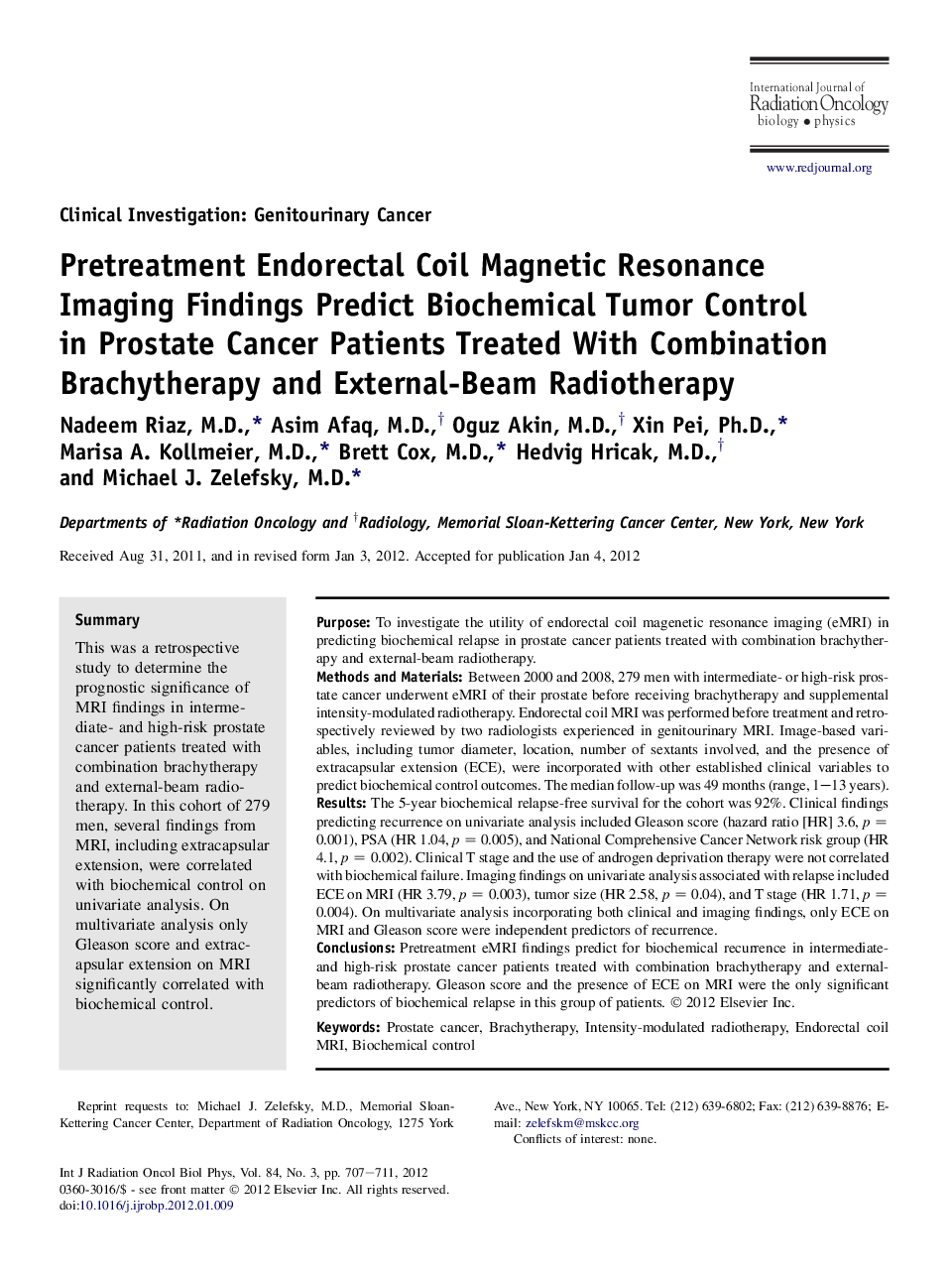 Pretreatment Endorectal Coil Magnetic Resonance Imaging Findings Predict Biochemical Tumor Control in Prostate Cancer Patients Treated With Combination Brachytherapy and External-Beam Radiotherapy