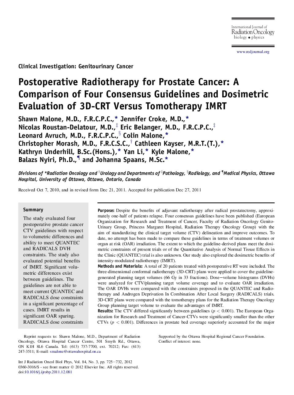 Postoperative Radiotherapy for Prostate Cancer: A Comparison of Four Consensus Guidelines and Dosimetric Evaluation of 3D-CRT Versus Tomotherapy IMRT