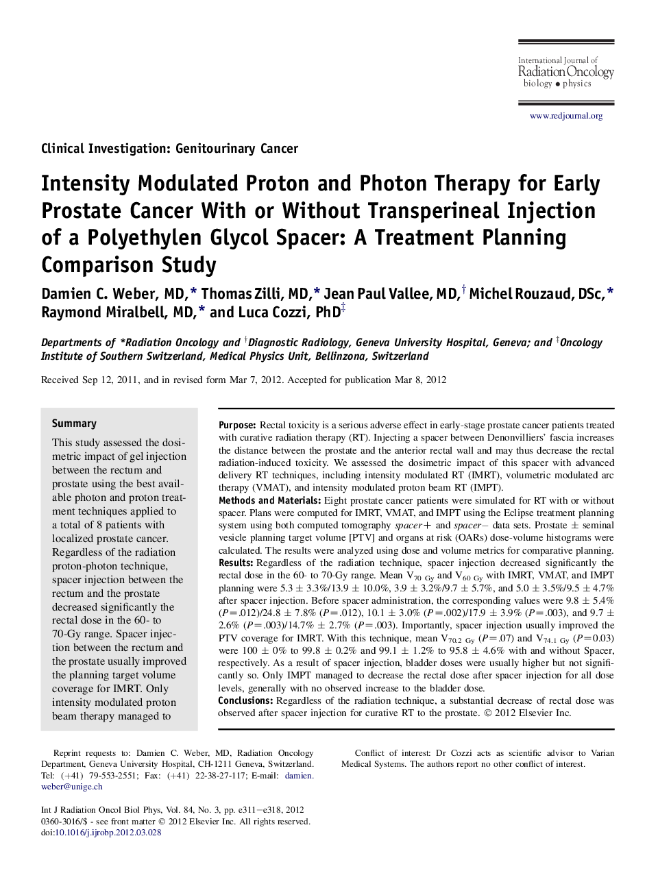 عکس صفحه اول مقاله: Intensity Modulated Proton and Photon Therapy for Early Prostate Cancer With or Without Transperineal Injection of a Polyethylen Glycol Spacer: A Treatment Planning Comparison Study Intensity Modulated Proton and Photon Therapy for Early Prostate Cancer With or Without Transperineal Injection of a Polyethylen Glycol Spacer: A Treatment Planning Comparison Study