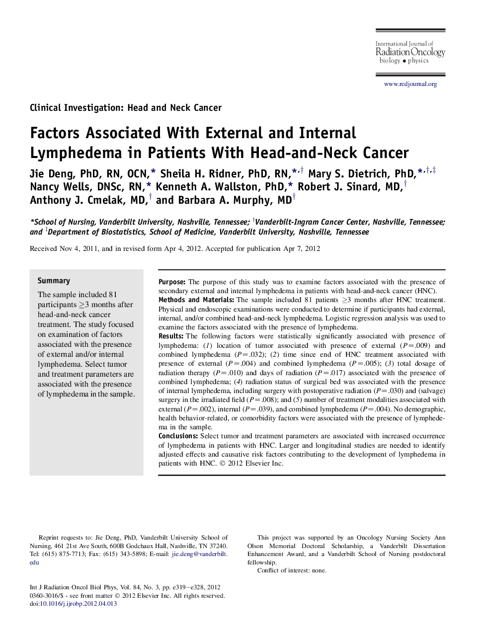 عکس صفحه اول مقاله: Factors Associated With External and Internal Lymphedema in Patients With Head-and-Neck Cancer Factors Associated With External and Internal Lymphedema in Patients With Head-and-Neck Cancer