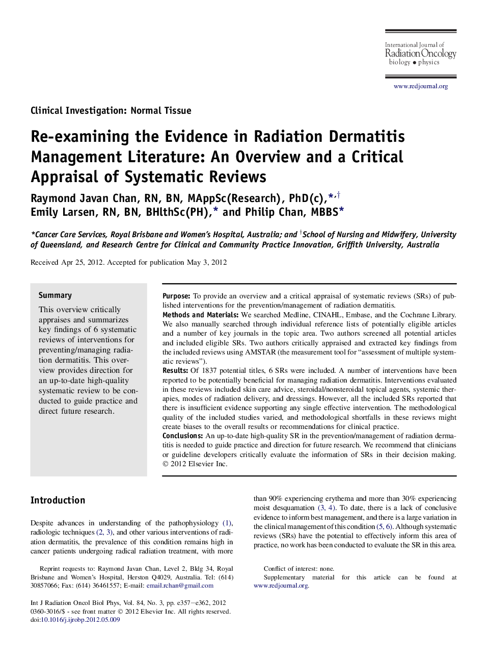 عکس صفحه اول مقاله: Re-examining the Evidence in Radiation Dermatitis Management Literature: An Overview and a Critical Appraisal of Systematic Reviews Re-examining the Evidence in Radiation Dermatitis Management Literature: An Overview and a Critical Appraisal of Systematic Reviews
