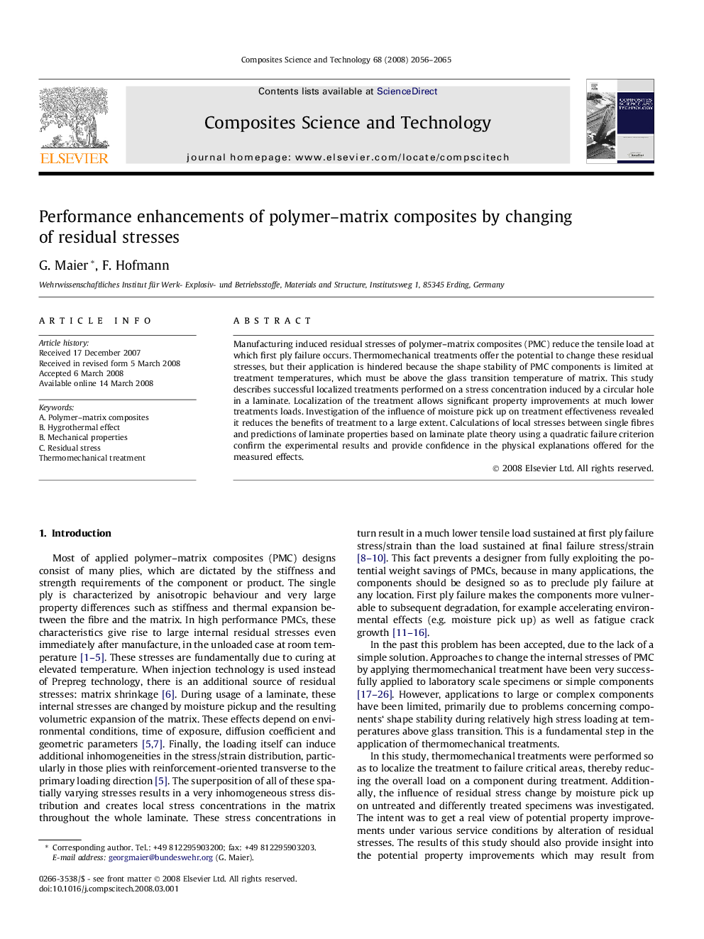 Performance enhancements of polymer–matrix composites by changing of residual stresses