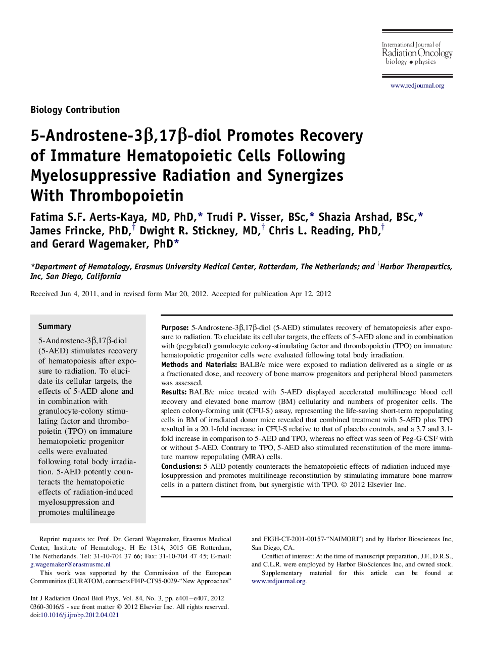 عکس صفحه اول مقاله: 5-Androstene-3β,17β-diol Promotes Recovery of Immature Hematopoietic Cells Following Myelosuppressive Radiation and Synergizes With Thrombopoietin 5-Androstene-3β,17β-diol Promotes Recovery of Immature Hematopoietic Cells Following Myelosuppressive Radiation and Synergizes With Thrombopoietin