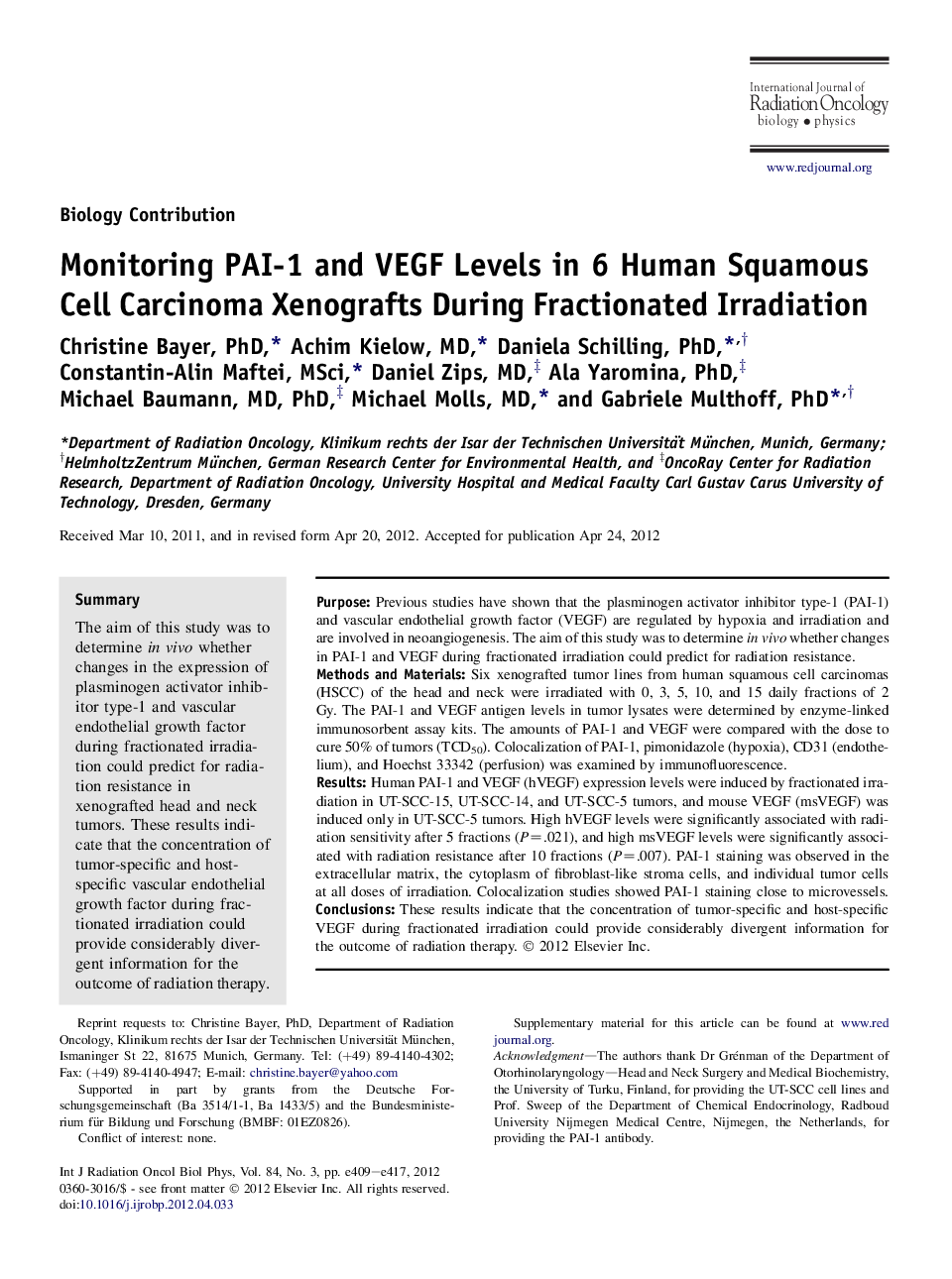 عکس صفحه اول مقاله: Monitoring PAI-1 and VEGF Levels in 6 Human Squamous Cell Carcinoma Xenografts During Fractionated Irradiation Monitoring PAI-1 and VEGF Levels in 6 Human Squamous Cell Carcinoma Xenografts During Fractionated Irradiation