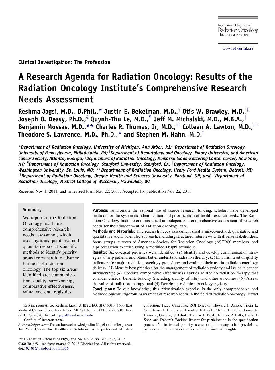 A Research Agenda for Radiation Oncology: Results of the Radiation Oncology Institute's Comprehensive Research Needs Assessment