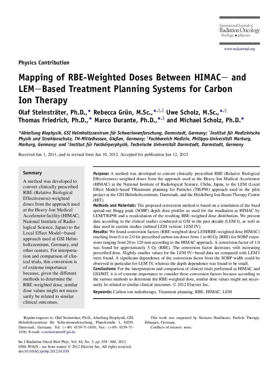 Mapping of RBE-Weighted Doses Between HIMAC- and LEM-Based Treatment Planning Systems for Carbon IonÂ Therapy